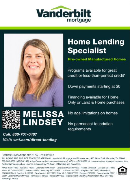 Vanderbilt Mortgage flyer featuring Melissa Lindsey, Home Lending Specialist for pre-owned manufactured homes, highlighting financing options, low down payments, and flexible credit programs